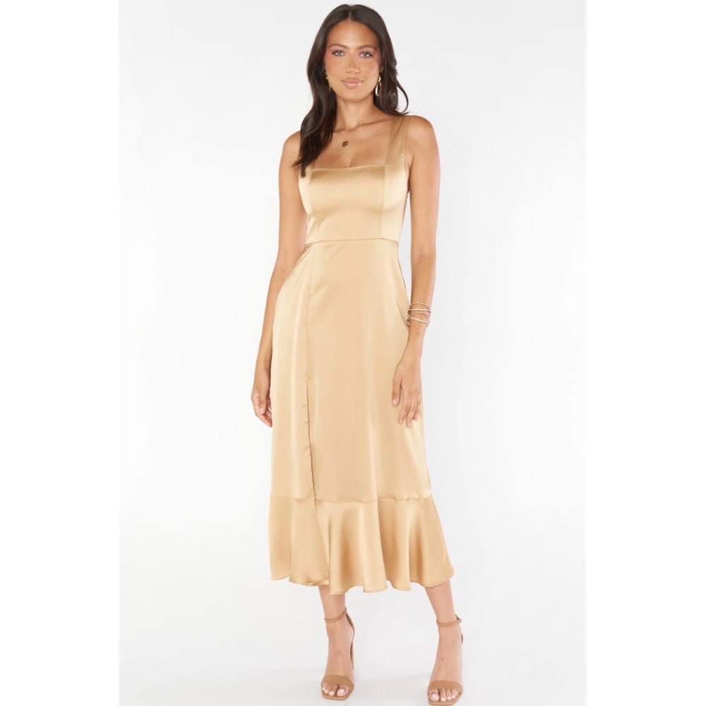 Show Me Your Mumu Dress Womens S Peach Satin Ruffle Hem Midi Wedding Guest